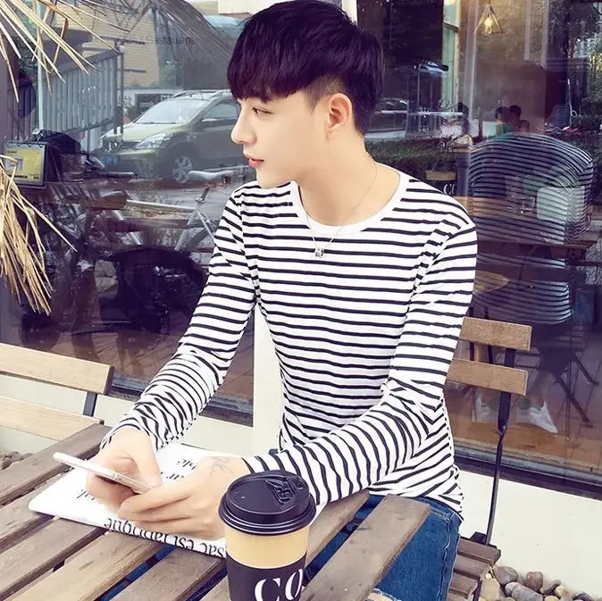 Men Striped Long Sleeve T-Shirt White Black Round Neck