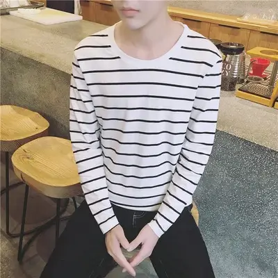 Men Striped Long Sleeve T-Shirt White Black Round Neck