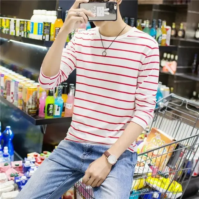 Men Striped Long Sleeve T-Shirt White Black Round Neck