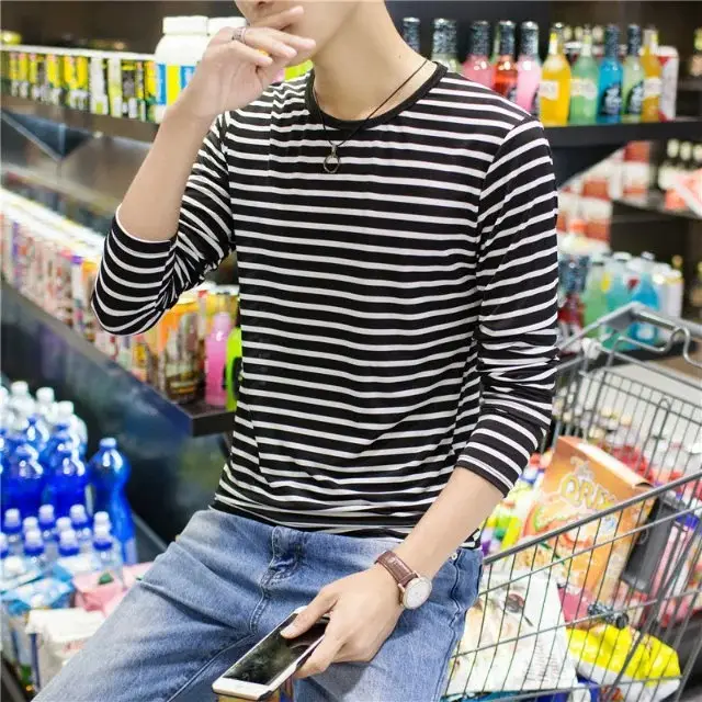 Men Striped Long Sleeve T-Shirt White Black Round Neck