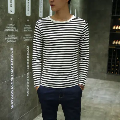 Men Striped Long Sleeve T-Shirt White Black Round Neck