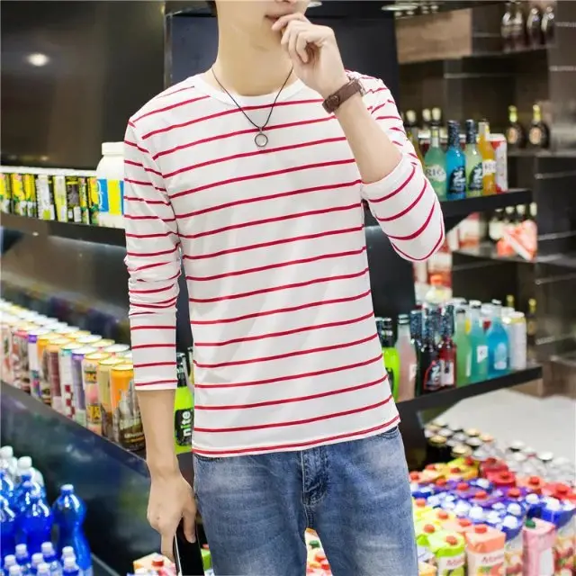 Men Striped Long Sleeve T-Shirt White Black Round Neck