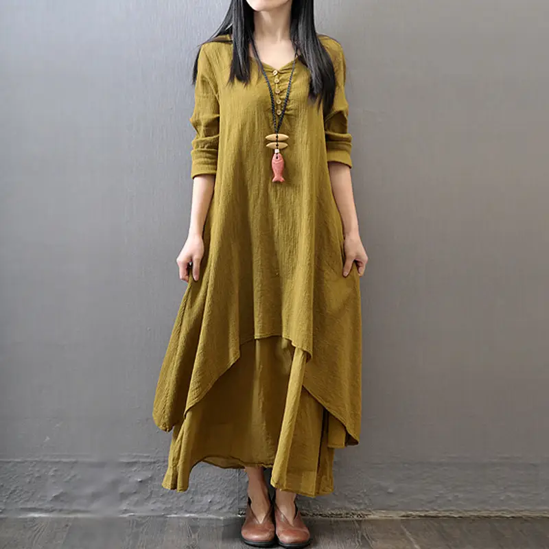 Literary Flock Linen Dress Green Loose Long Sleeve - Image 5