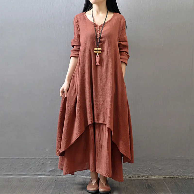 Literary Flock Linen Dress Green Loose Long Sleeve - Image 6