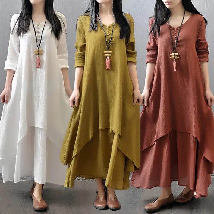 Literary Flock Linen Dress Green Loose Long Sleeve - Image 8