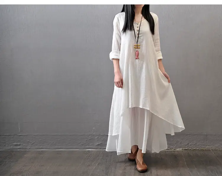 Literary Flock Linen Dress Green Loose Long Sleeve — feature 5