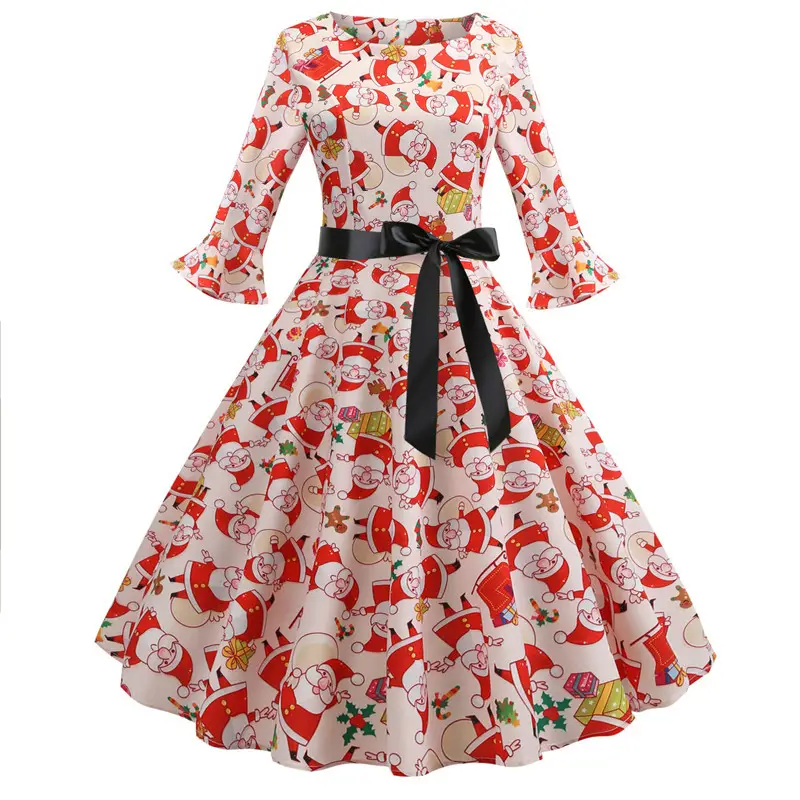 Christmas Printed Swing Dress with Belt for Women