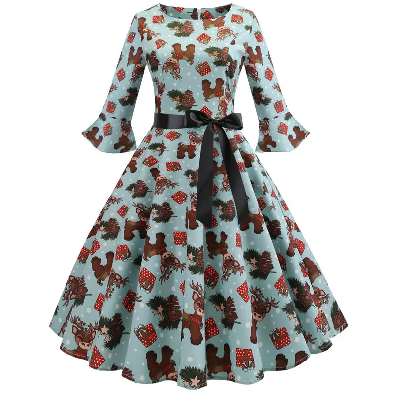 Christmas Printed Swing Dress with Belt for Women