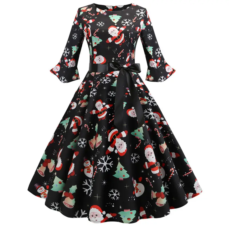 Christmas Printed Swing Dress with Belt for Women
