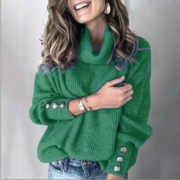 Women's Cream High Collar Button Sweater Top