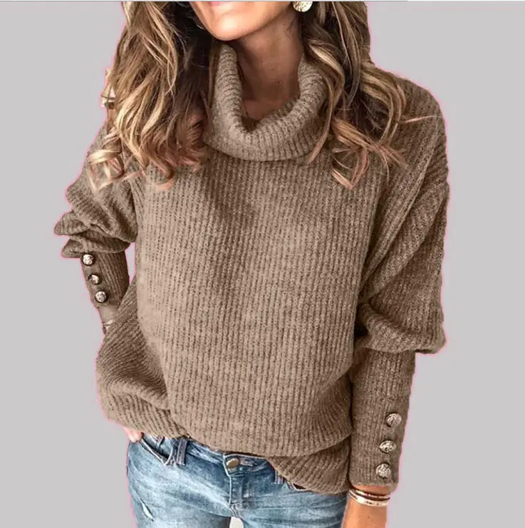 Women's Cream High Collar Button Sweater Top
