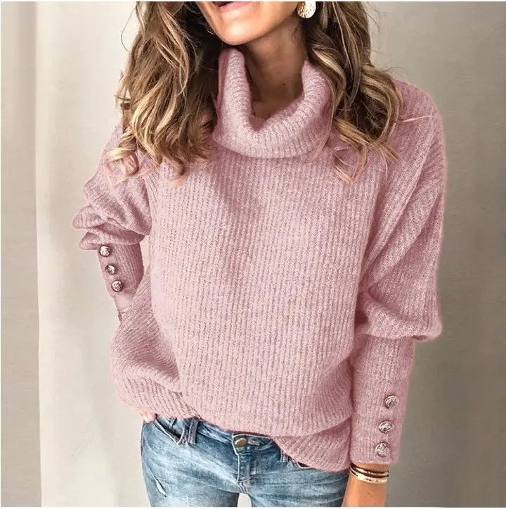 Women's Cream High Collar Button Sweater Top