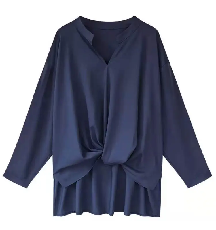 2023 Women Chiffon Long Sleeve Top Navy Blue - Image 8