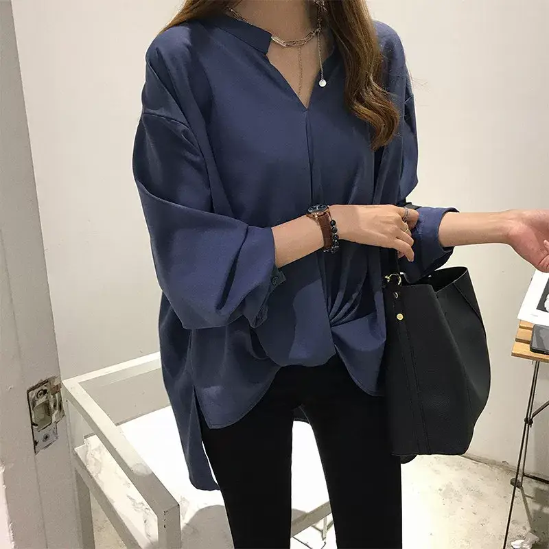 2023 Women Chiffon Long Sleeve Top Navy Blue — feature 4