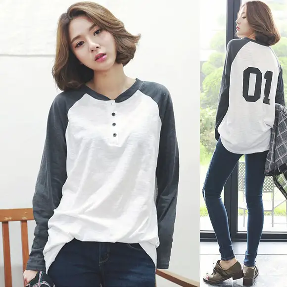 Spring Long Sleeve T-Shirt White Black Korean Style Large - Image 2