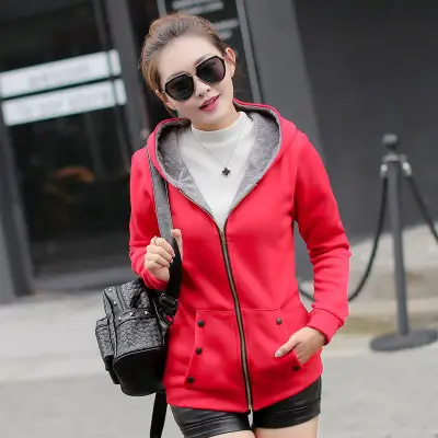 Women Velvet Zipper Jacket Red Large Winter Hooded - Image 4
