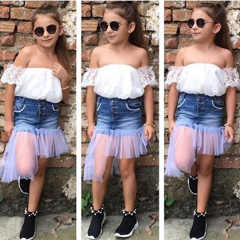 White Lace One Shoulder Top + Denim Skirt 2-Piece Suit