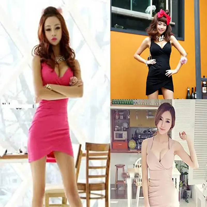 Hot Pink Low Cut Hip Miniskirt Dress for Women