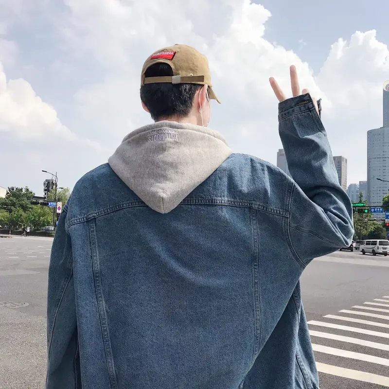 Men's Korean Style Hooded Denim Jacket Blue Loose Fit - Image 4