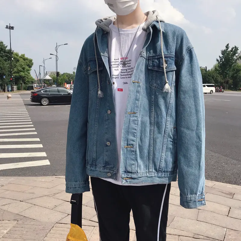 Men's Korean Style Hooded Denim Jacket Blue Loose Fit - Image 5