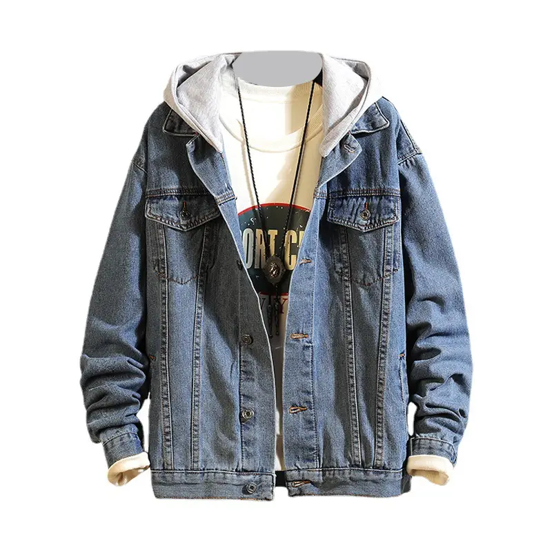 Men's Korean Style Hooded Denim Jacket Blue Loose Fit - Image 7