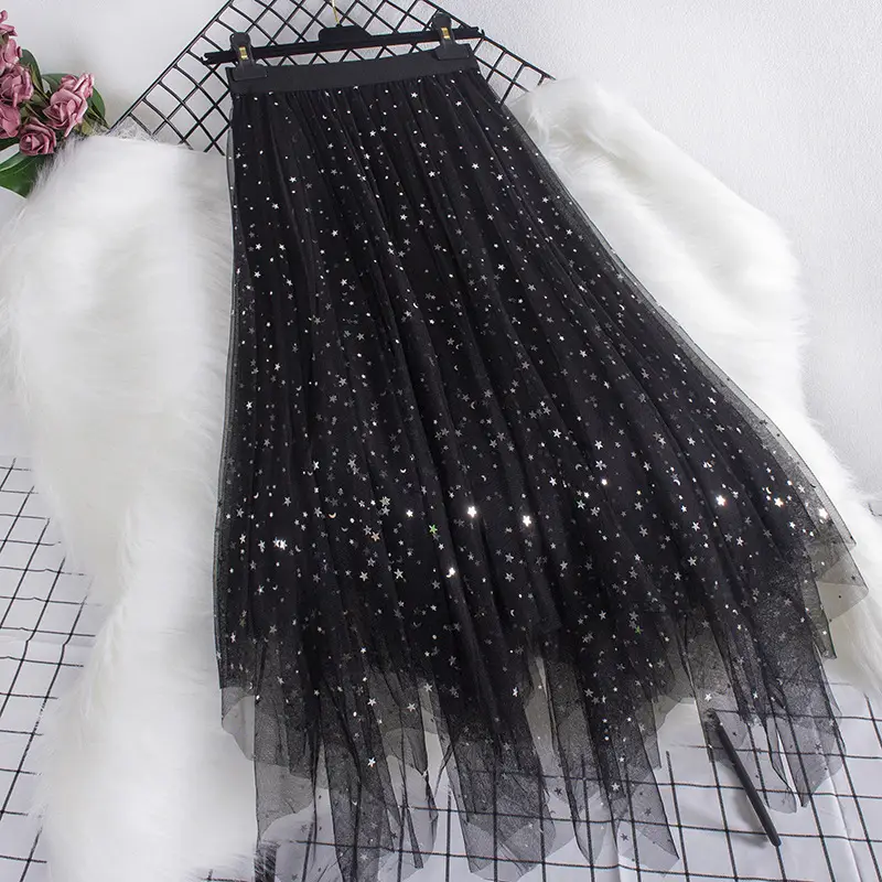 2018 Star Sequins Velvet Mid-Length Skirt - Image 8
