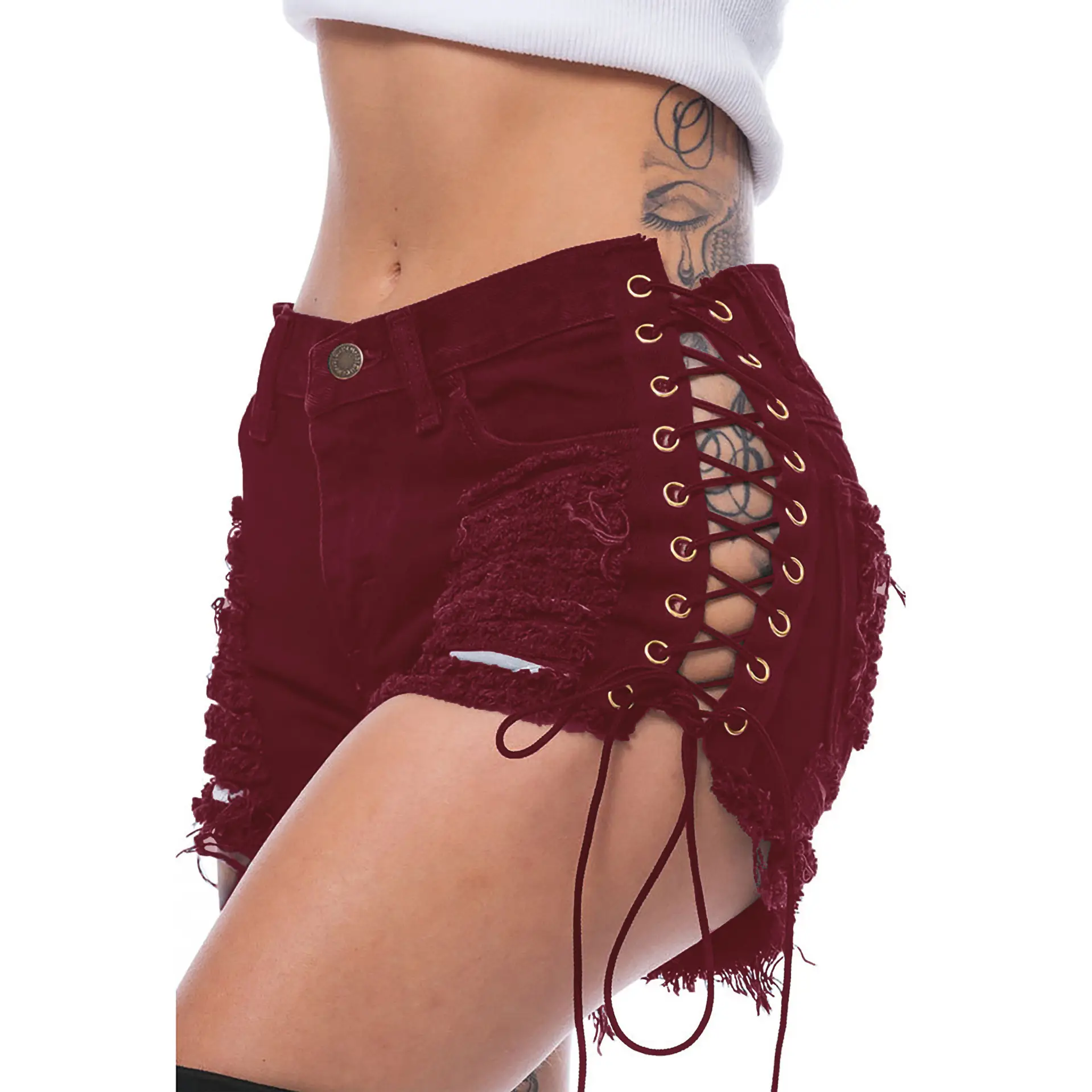 Women's Green Lace Bandaged Shorts with Holes
