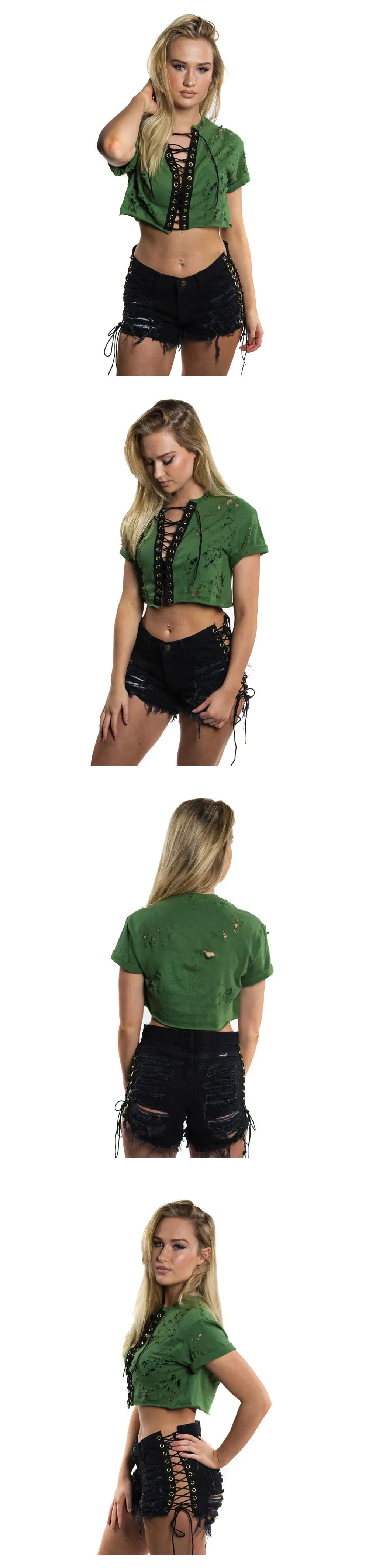 Women's Green Lace Bandaged Shorts with Holes — feature 3