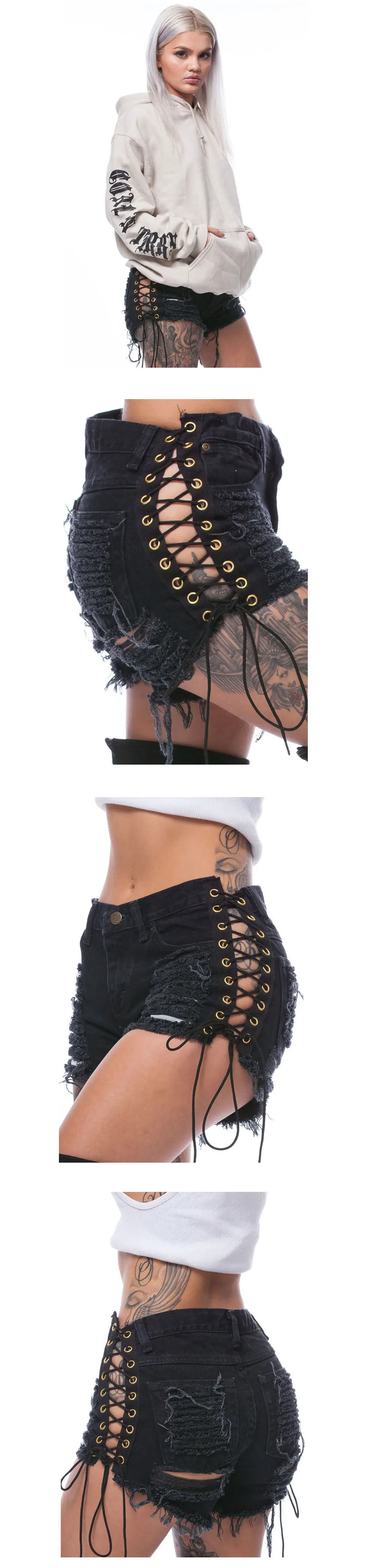 Women's Green Lace Bandaged Shorts with Holes — feature 5