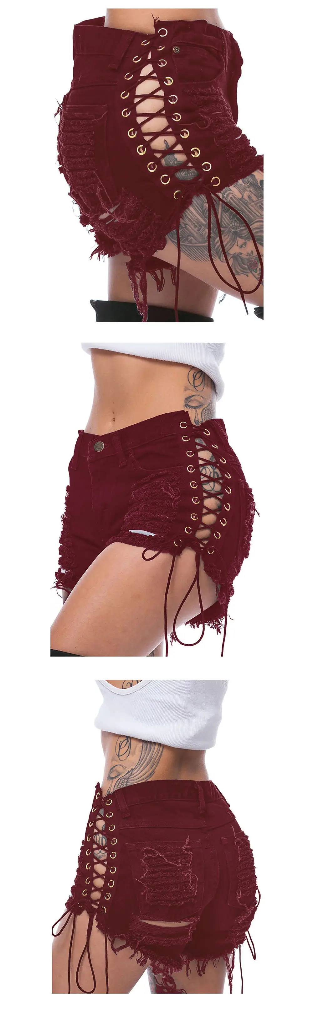 Women's Green Lace Bandaged Shorts with Holes — feature 6