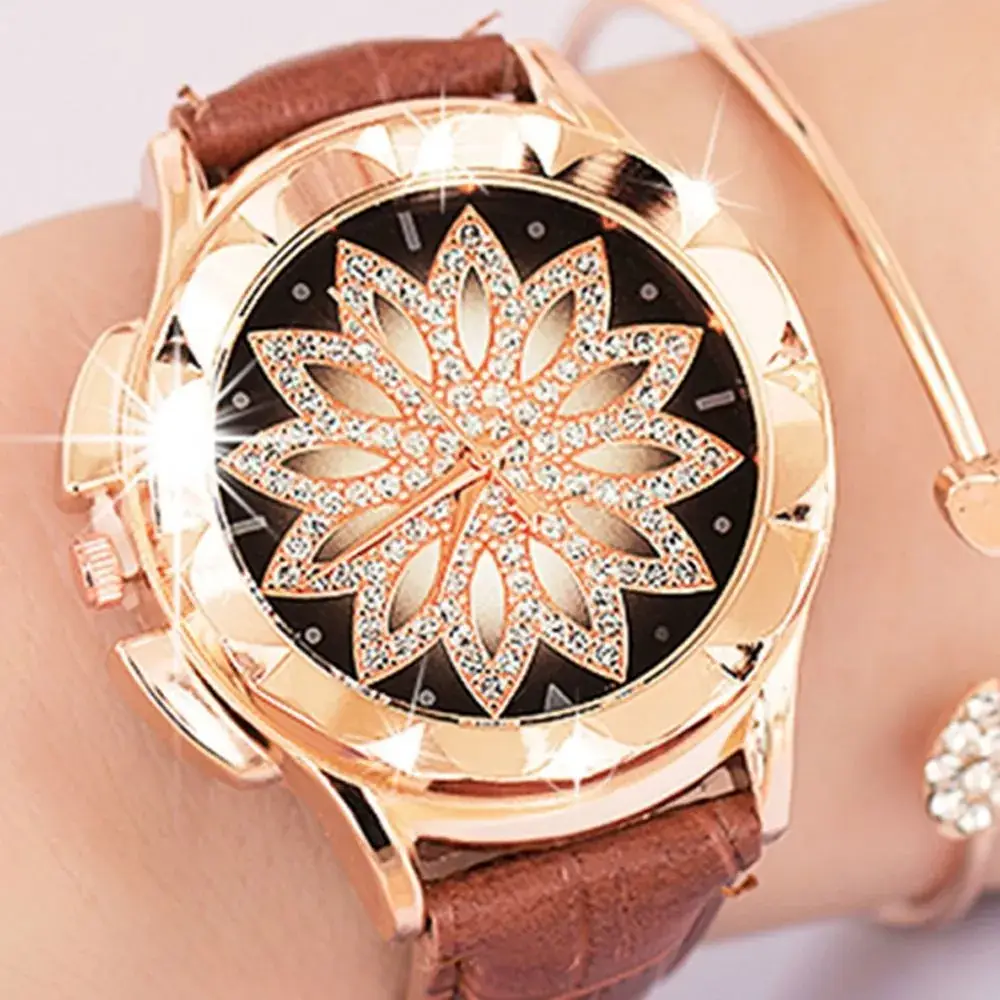 Korean Style Women's Watch with Lotus Design Rose Gold Band