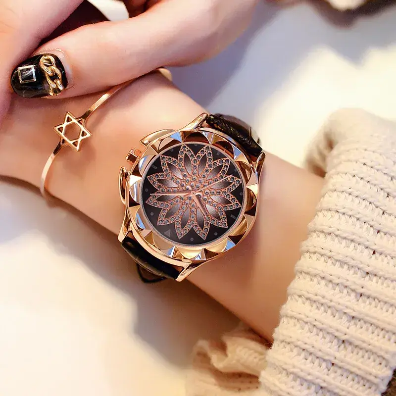 Korean Style Women's Watch with Lotus Design Rose Gold Band