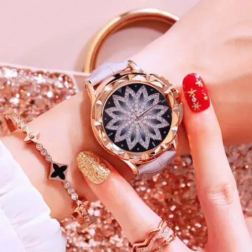 Korean Style Women's Watch with Lotus Design Rose Gold Band