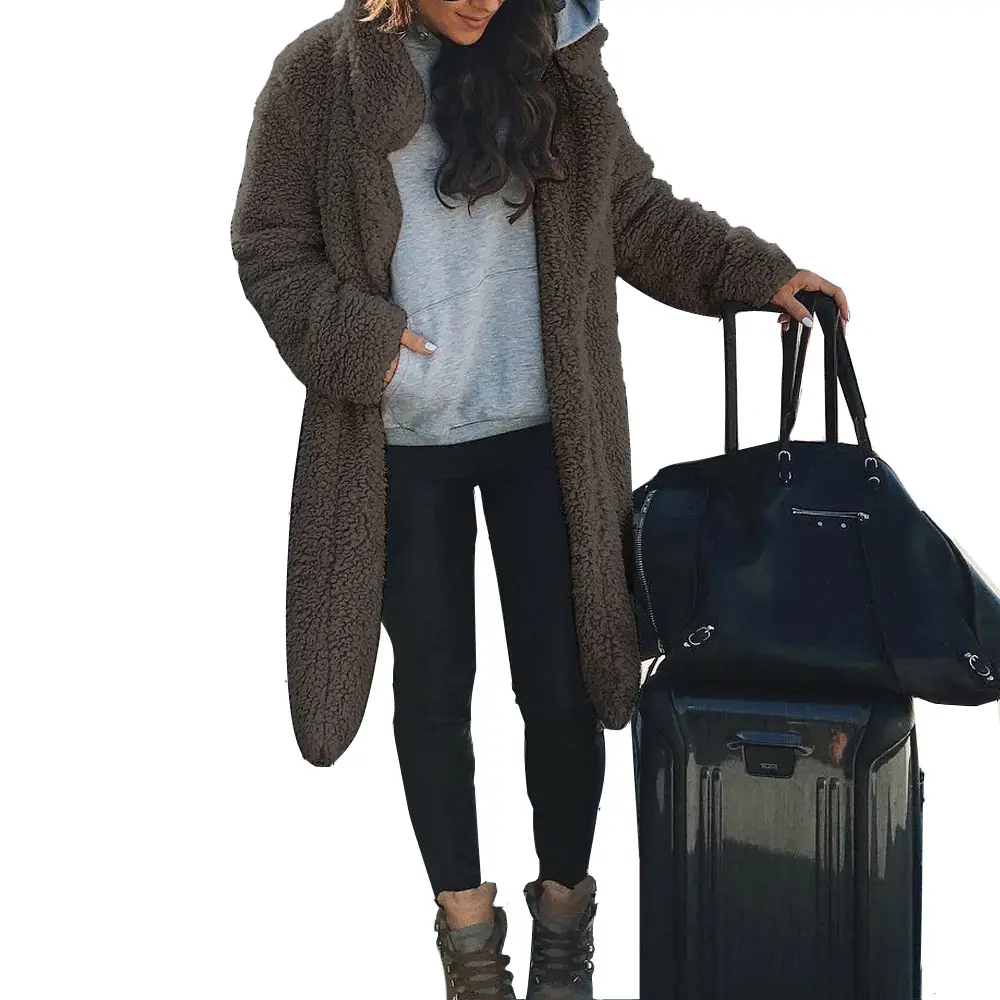 Women's Fleece Lapel Coat Long Coat Beige Winter Casual