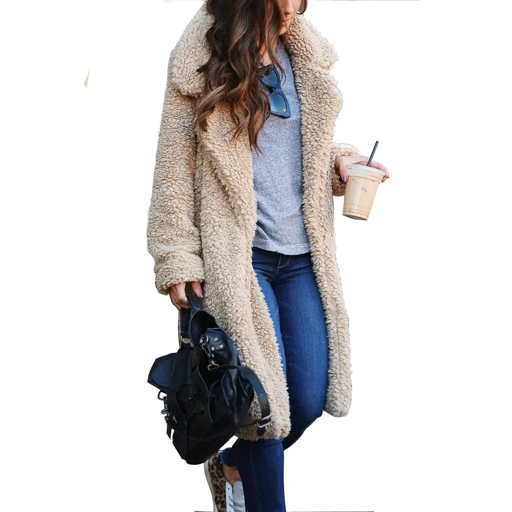 Long Sleeve Plush Coat for Women Winter Lapel Jacket Beige