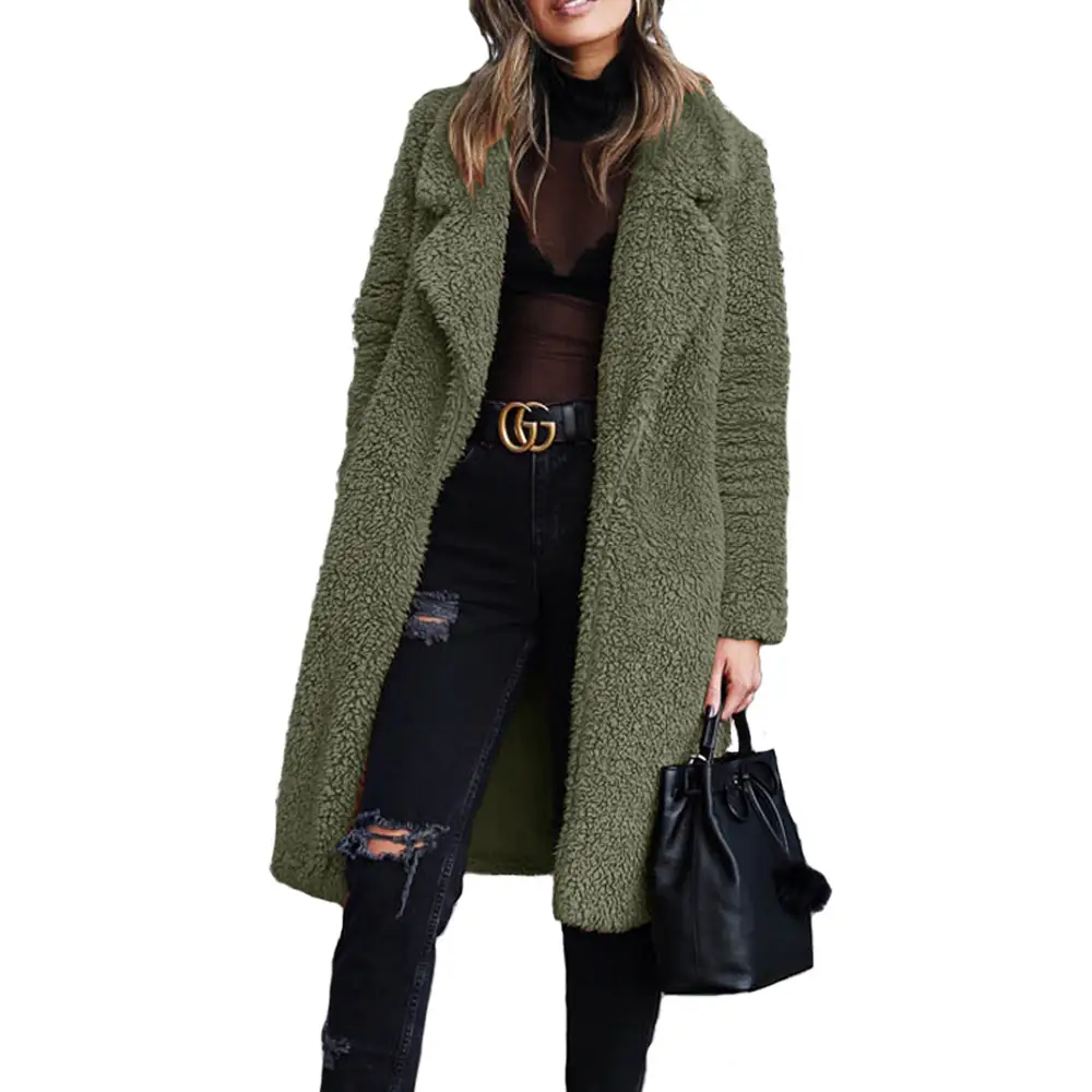 Long Sleeve Plush Coat for Women Winter Lapel Jacket Beige