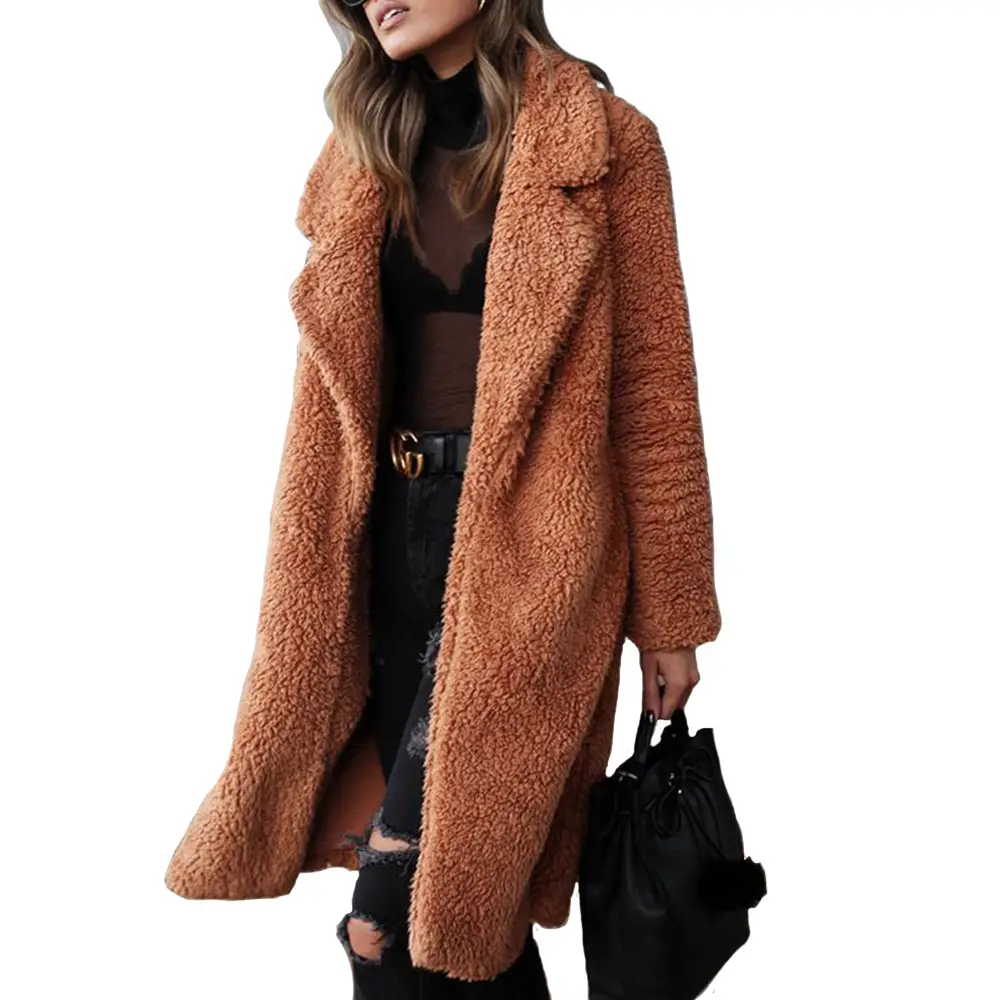 Long Sleeve Plush Coat for Women Winter Lapel Jacket Beige