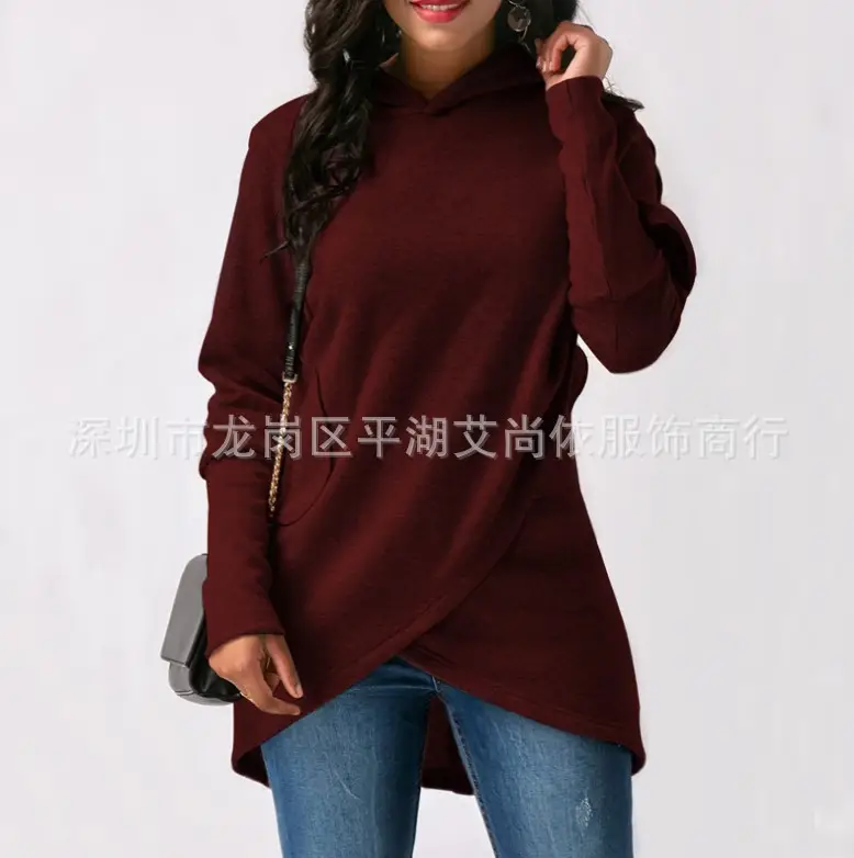 Women's Long Sleeve Fleece Hoodie Maroon Autumn Winter - Image 3