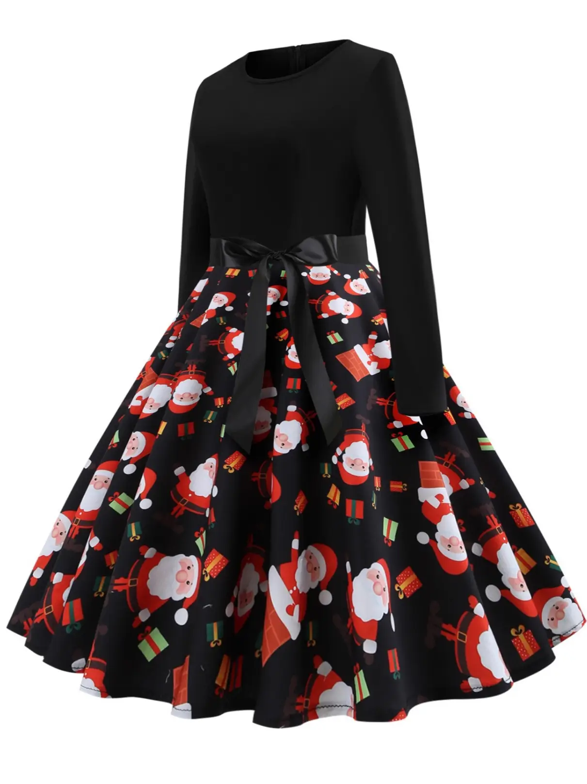 Christmas Print Long Sleeve Skirt Dress Large