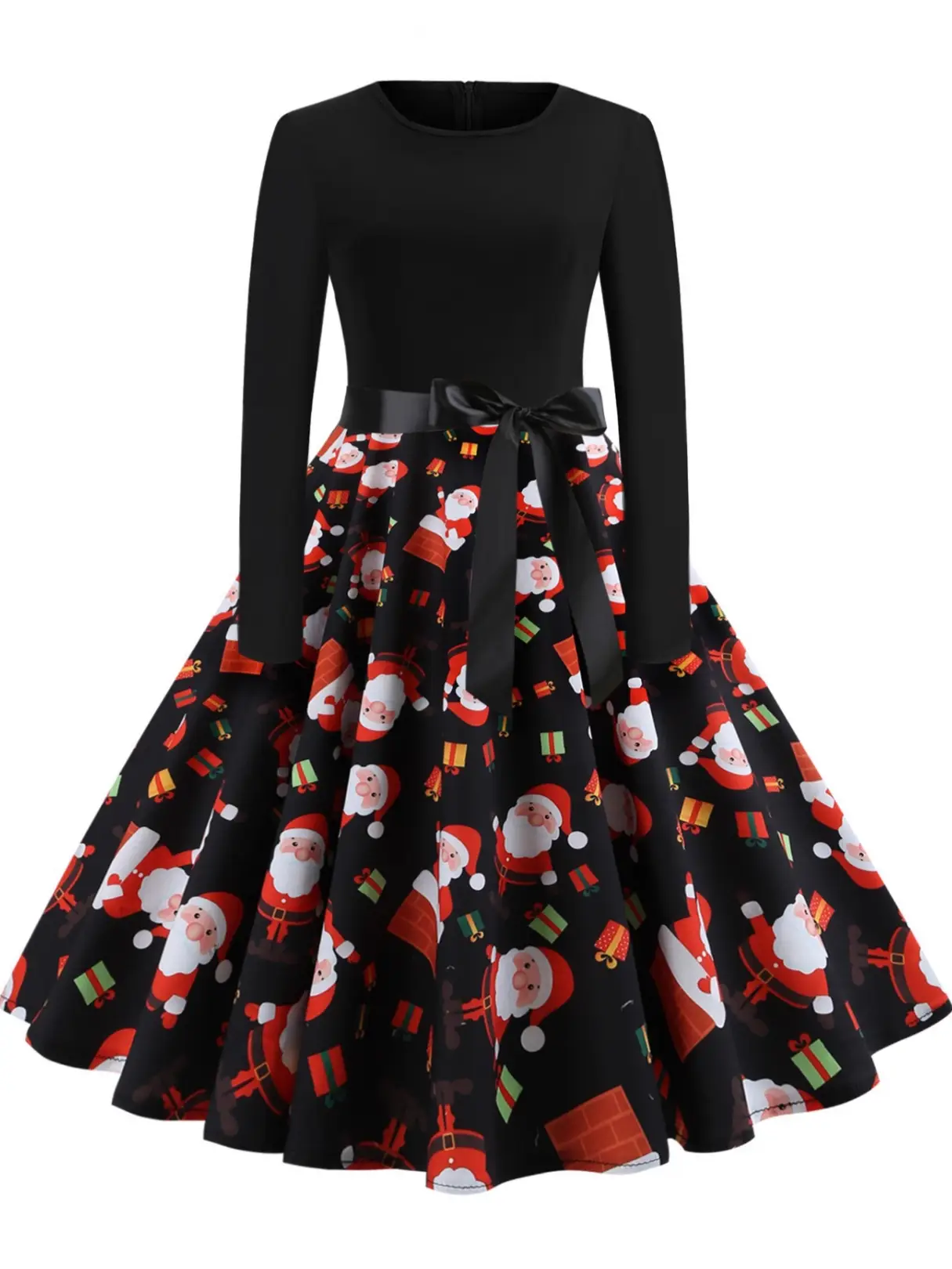 Christmas Print Long Sleeve Skirt Dress Large