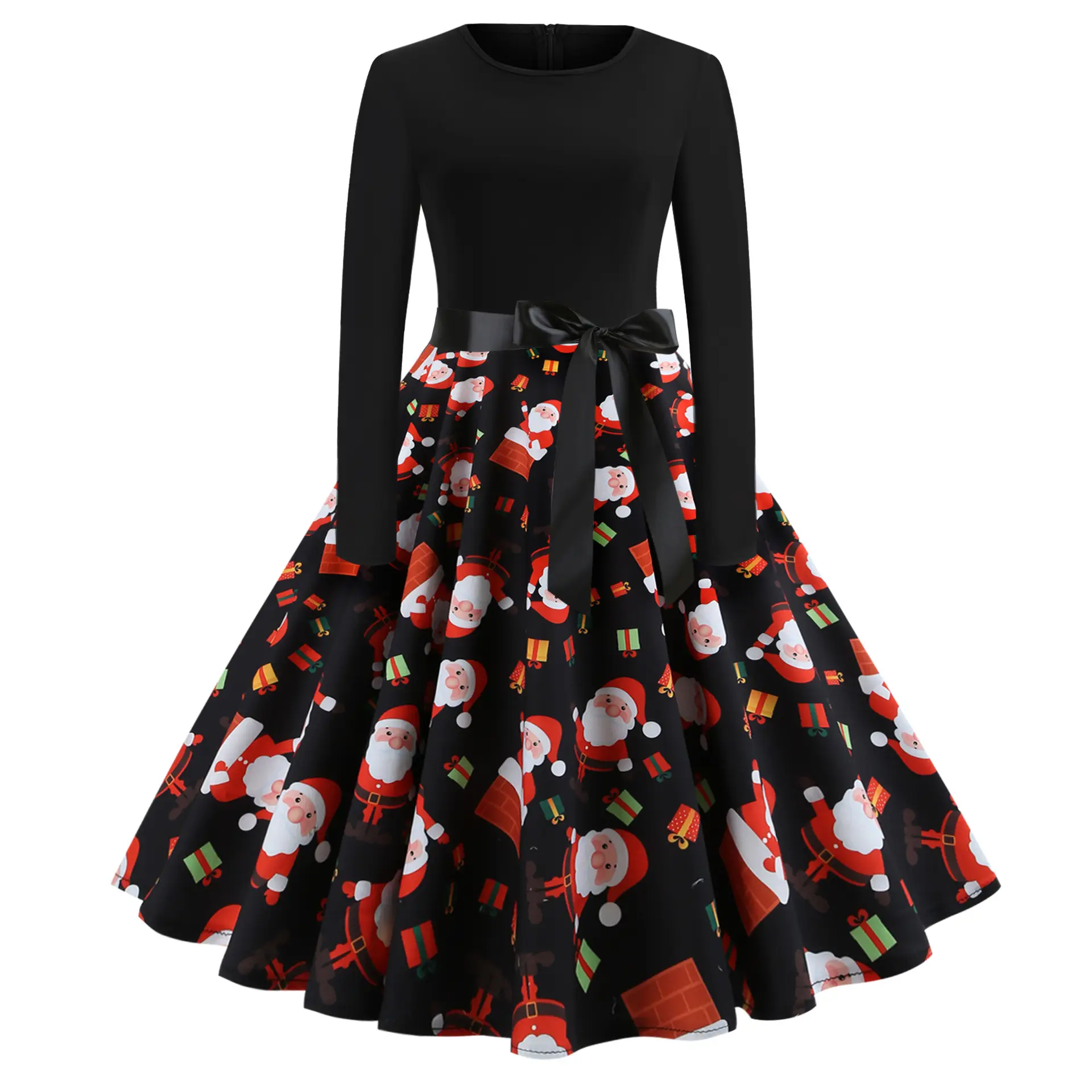 Christmas Print Long Sleeve Skirt Dress Large — feature 3