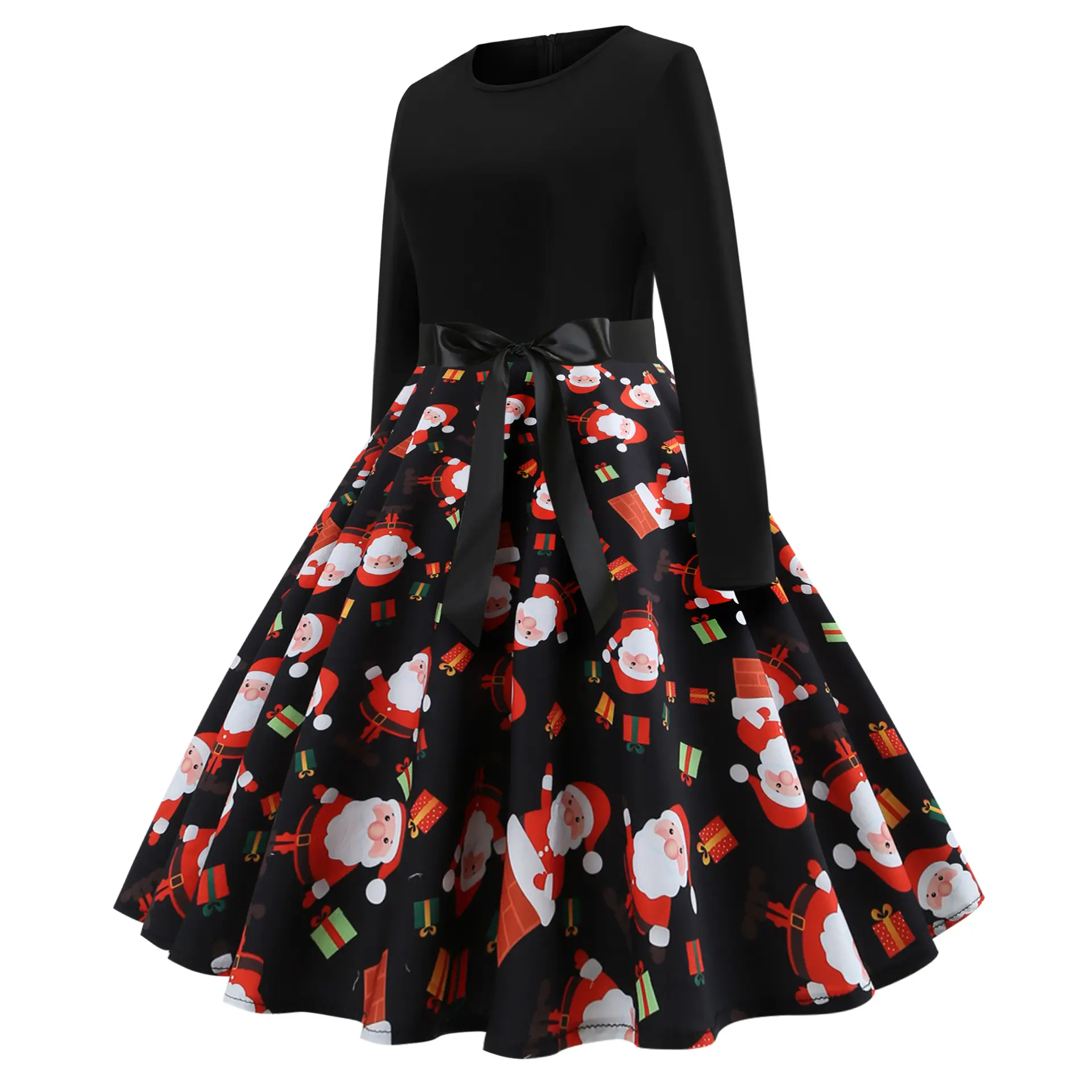 Christmas Print Long Sleeve Skirt Dress Large — feature 5