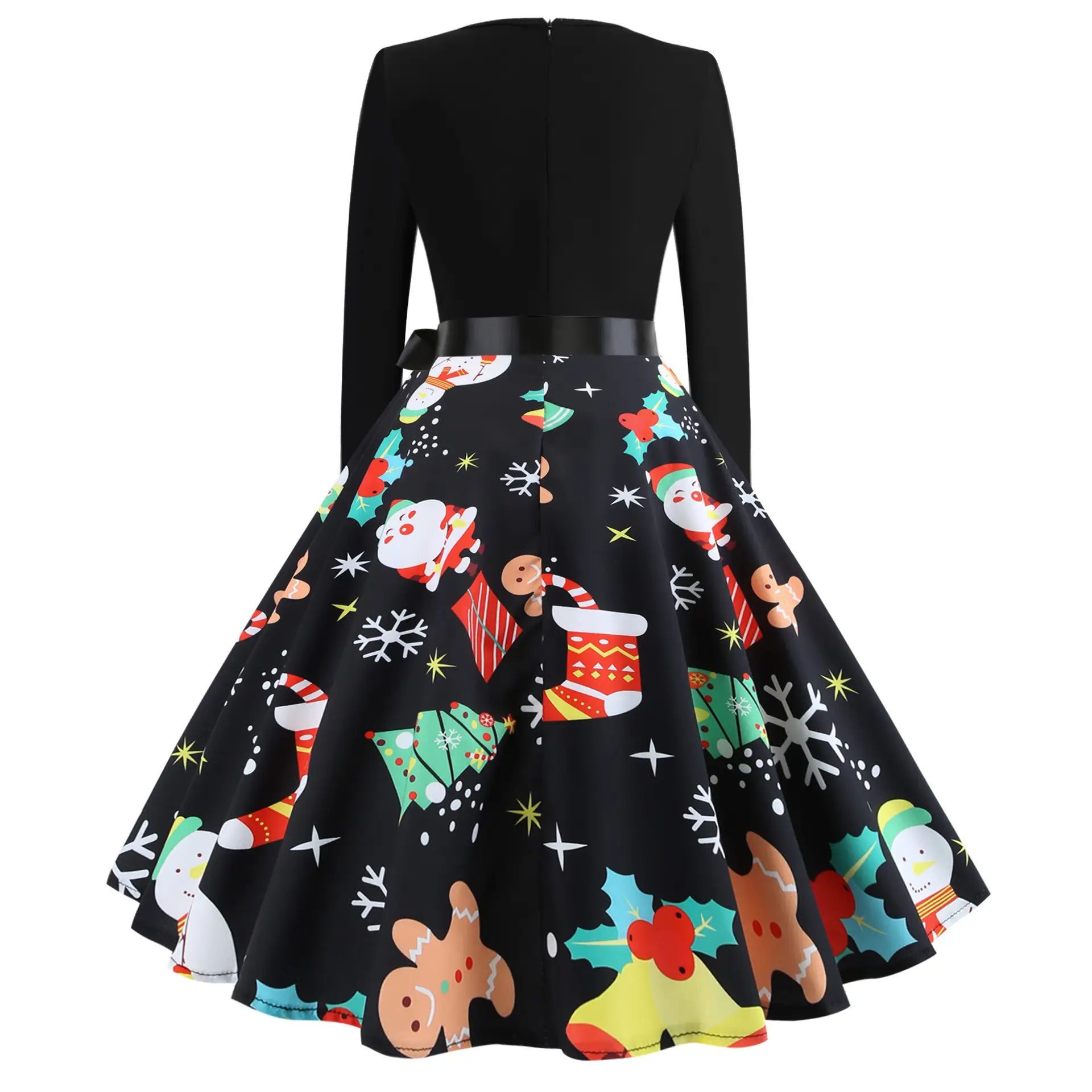 Christmas Print Long Sleeve Skirt Dress Large