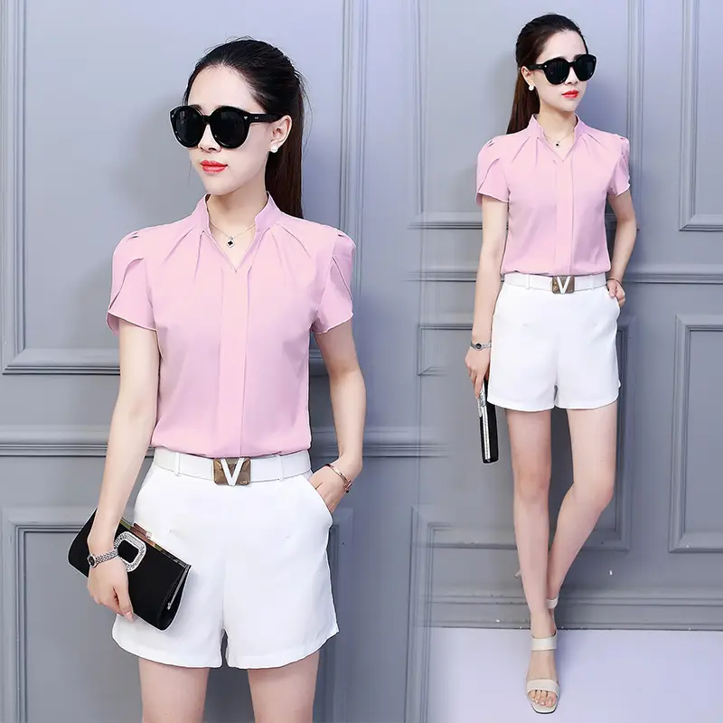 Women Ruffle Sleeve Chiffon Shirt Red White Shorts - Image 12