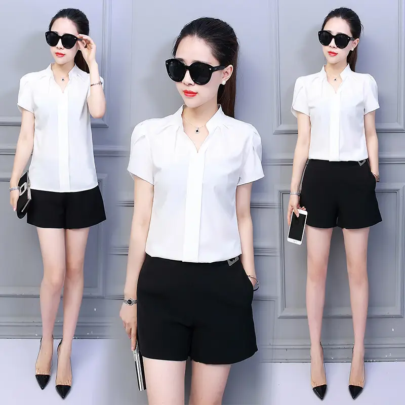 Women Ruffle Sleeve Chiffon Shirt Red White Shorts - Image 13