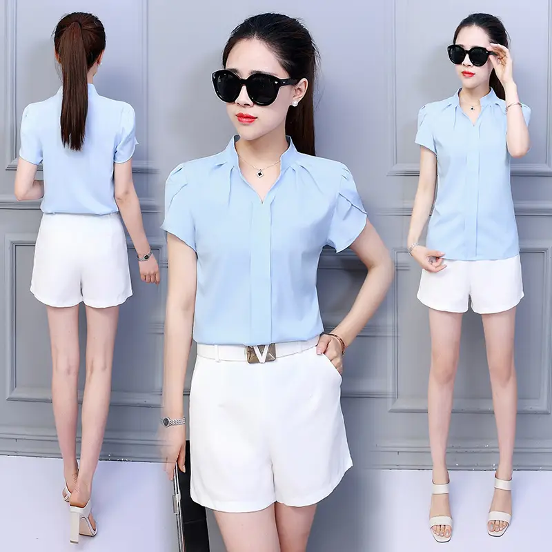 Women Ruffle Sleeve Chiffon Shirt Red White Shorts - Image 14