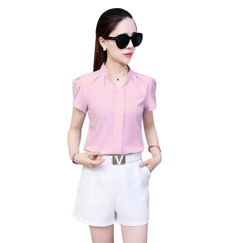 Women Ruffle Sleeve Chiffon Shirt Red White Shorts - Image 15