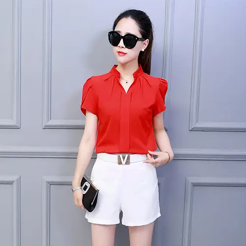 Women Ruffle Sleeve Chiffon Shirt Red White Shorts - Image 3
