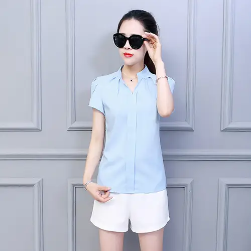 Women Ruffle Sleeve Chiffon Shirt Red White Shorts - Image 4