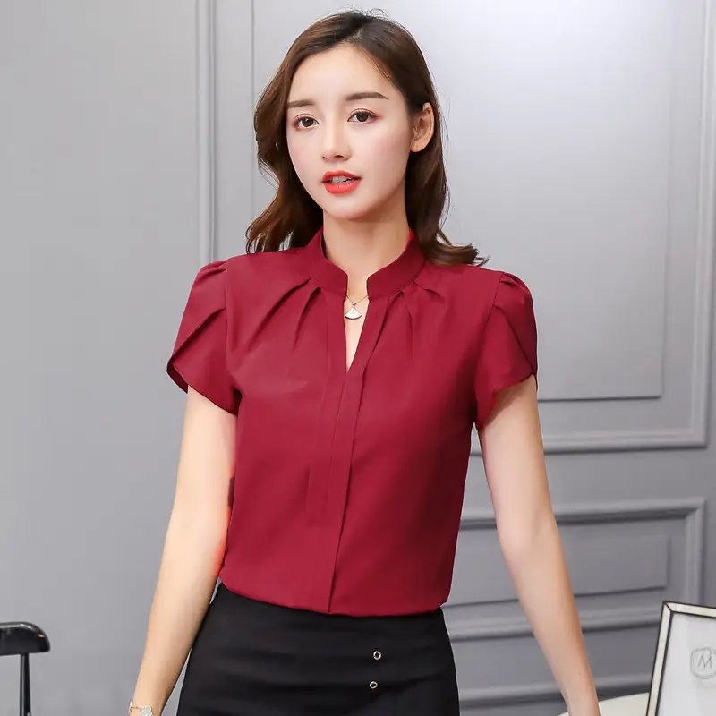 Women Ruffle Sleeve Chiffon Shirt Red White Shorts - Image 7